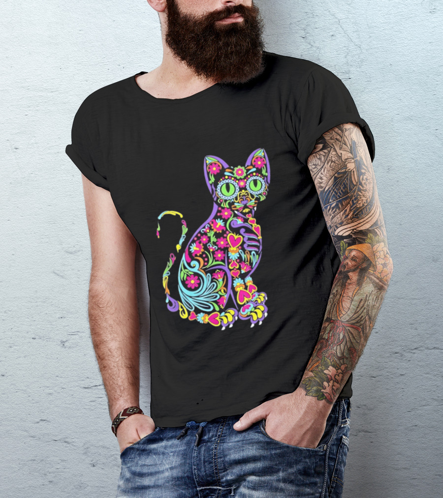 Sugar Skull Cat With Vibrant Floral T-Shirt