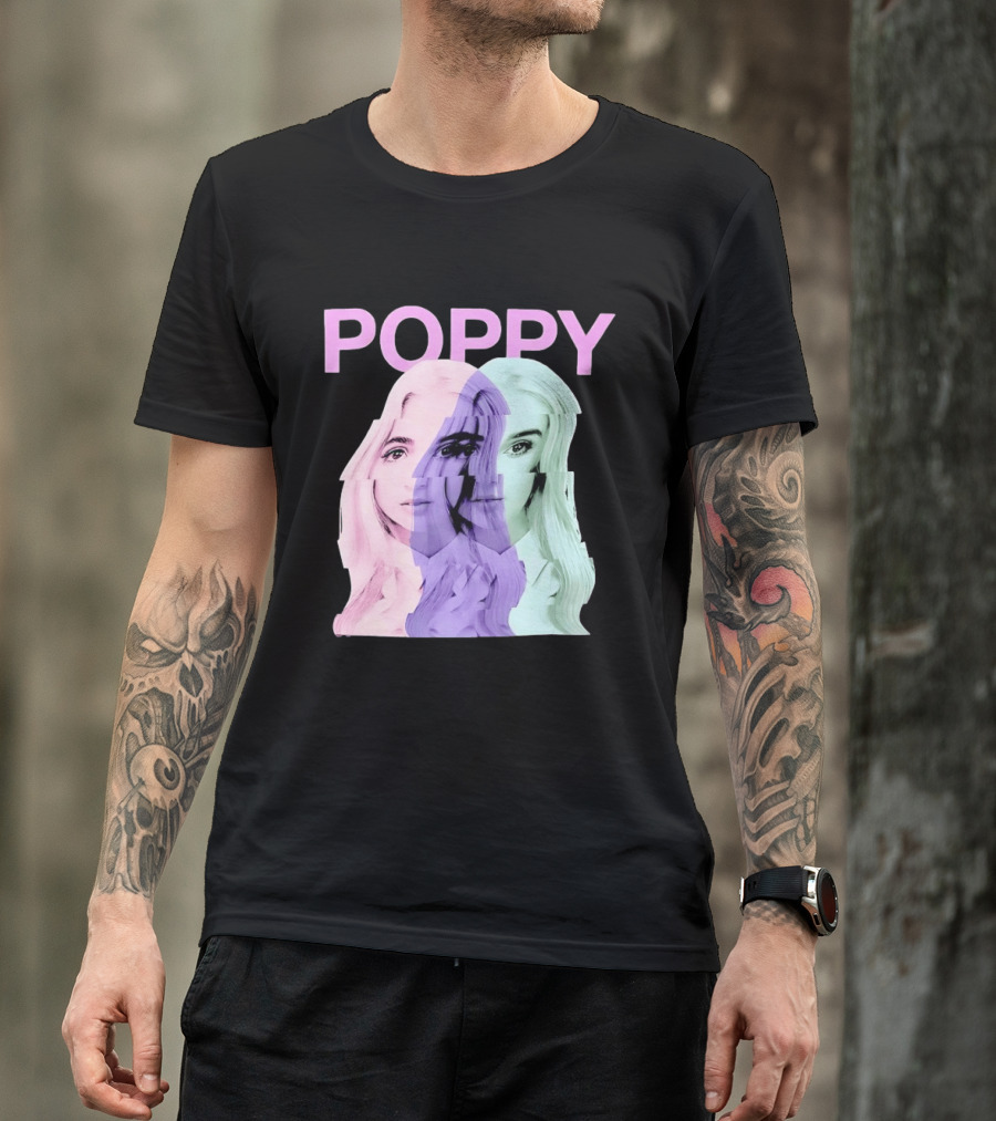 Poppy Digital Muse Glitch Faces Tricolor T-Shirt