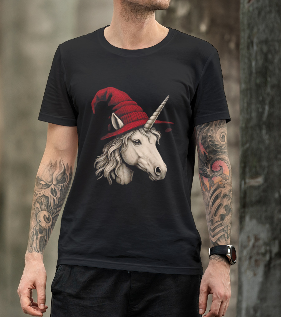 Unicorn With Red Wizard Witch Hat Beanie T-Shirt