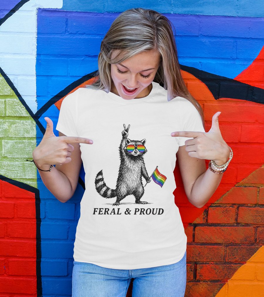 Feral And Proud Raccoon Peace Sign Rainbow Sunglasses Flag T-Shirt