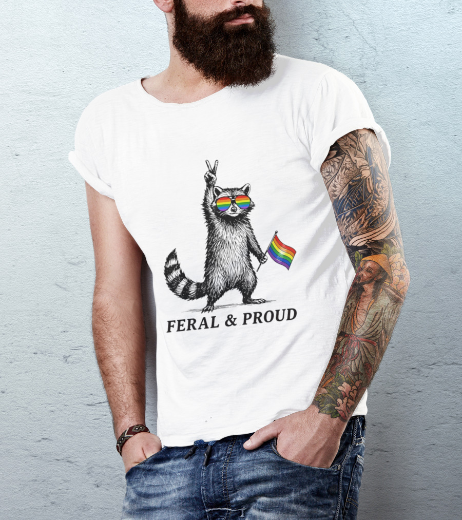 Feral And Proud Raccoon Peace Sign Rainbow Sunglasses Flag T-Shirt