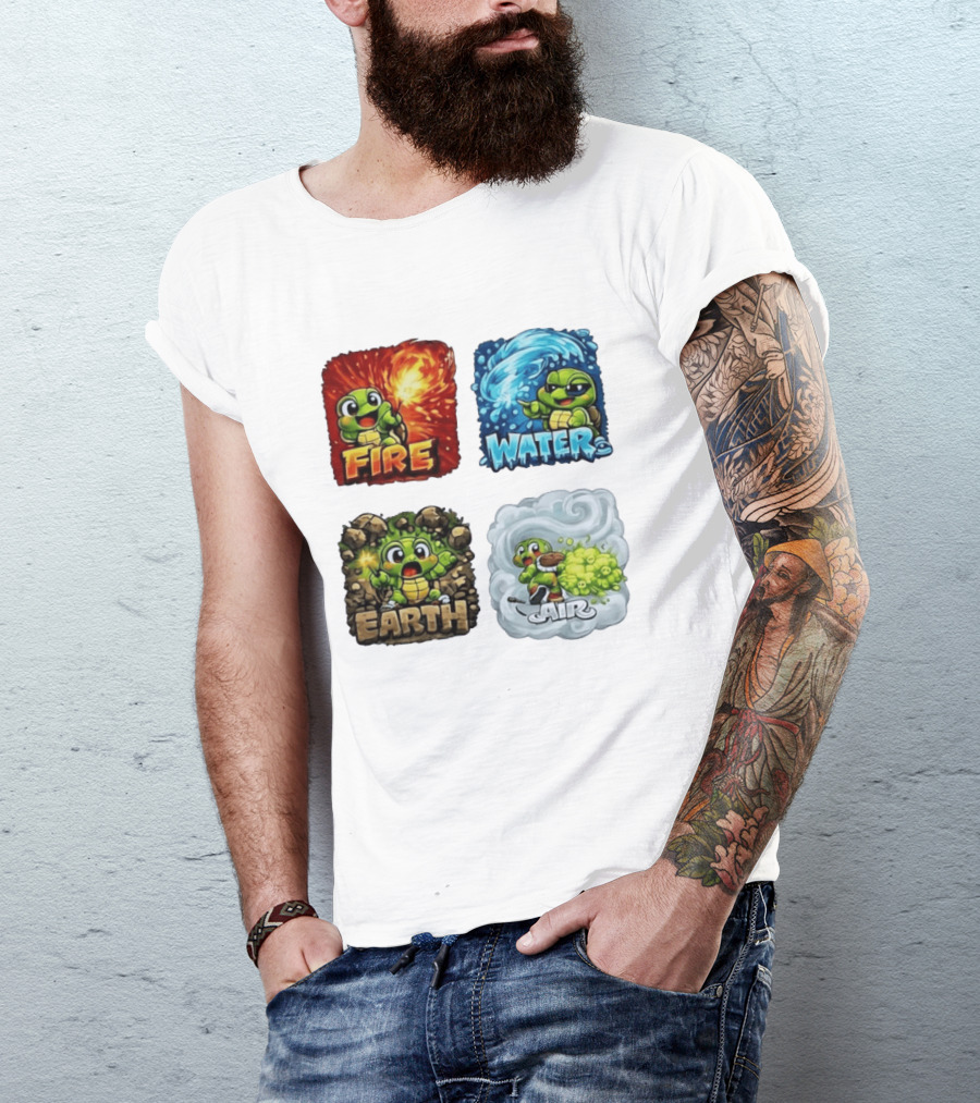 Fire Water Earth Air Turtle Cartoon Baby Elements Quadrant T-Shirt