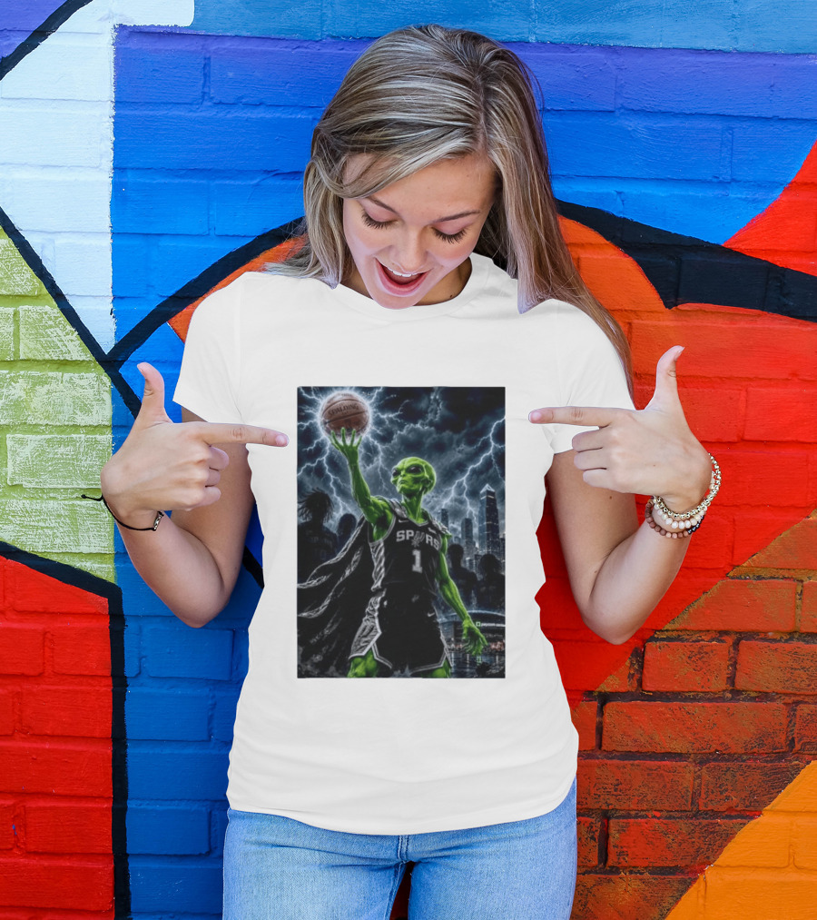 NBA Spurs Alien Spalding Basketball Hovering In Stormy City Skyline T-Shirt