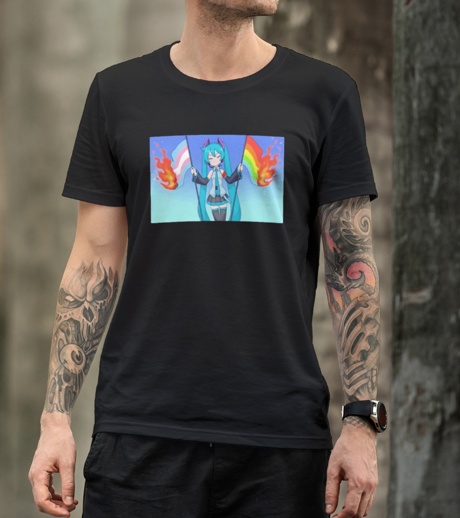 Anime Vocaloid Miku Holding Burning Transgender And Rainbow Flags Controversial Pride Month 2026 T-Shirt