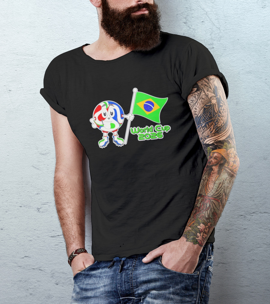 World Cup 2026 Cartoon Character With Brazil Flag Soccer Ball T-Shirt