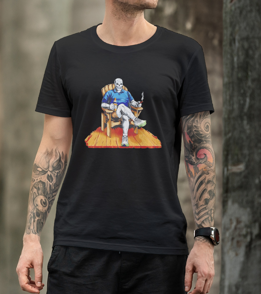 DarthBeards Skull Sitting In A Lawn Chair With Beer And Cigar T-Shirt