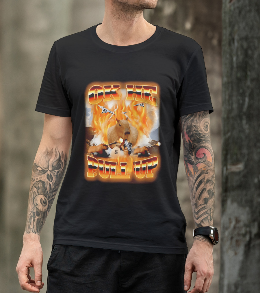 Ok He Pull Up Capybara Surrounded By Fire With Jets And Guns T-Shirt