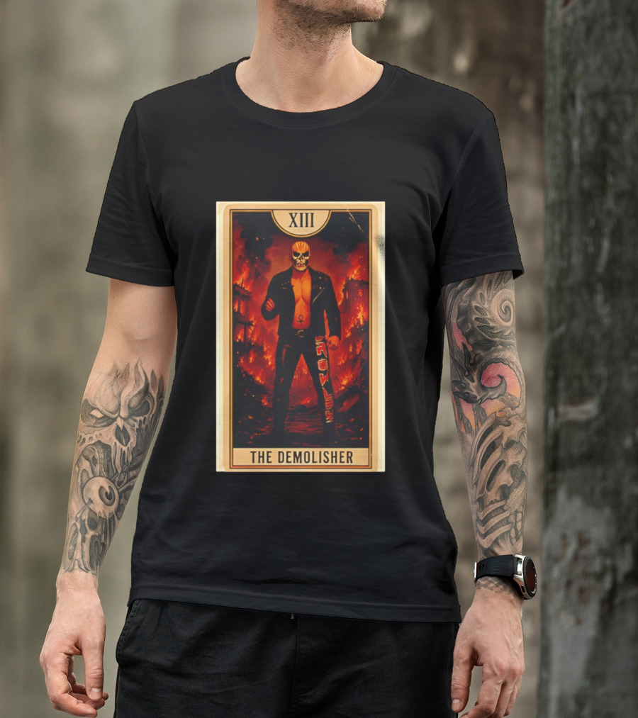 XIII The Demolisher Tarot Card Skull Masked Figure In Flames T-Shirt