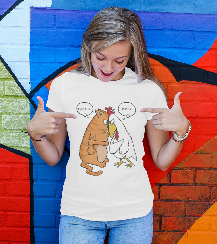 Chicken Pussy Standoff Cartoon Humor Confrontation T-Shirt