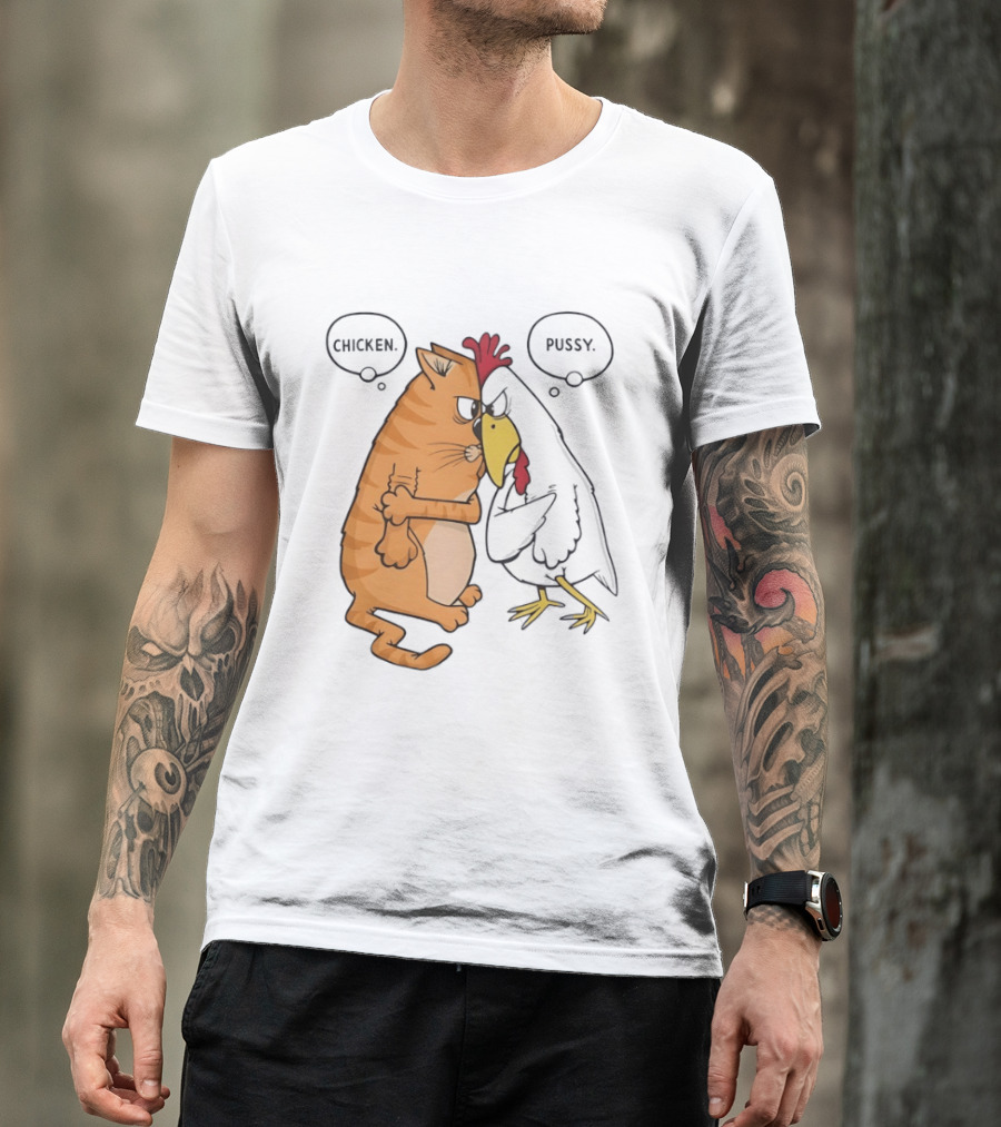 Chicken Pussy Standoff Cartoon Humor Confrontation T-Shirt