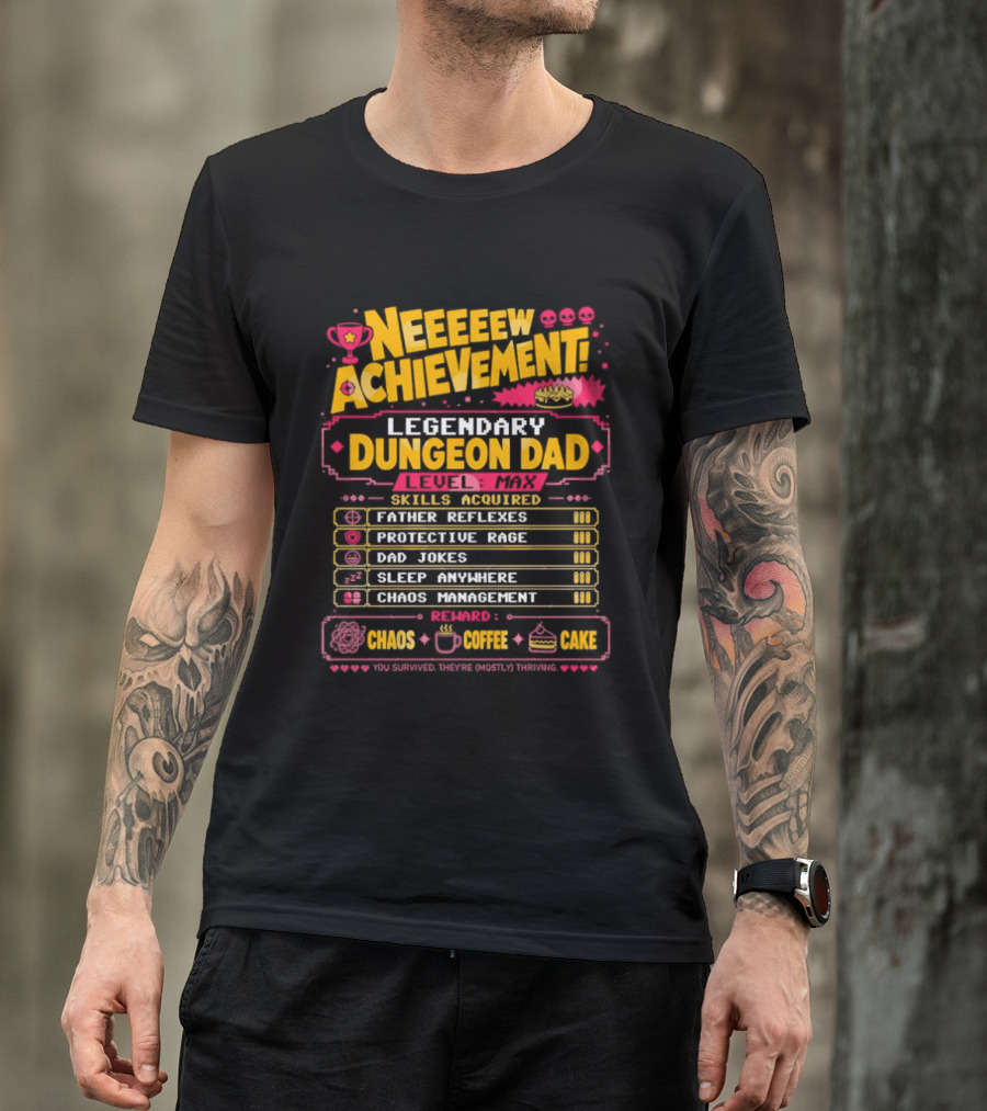 New Achievement Legendary Dungeon Dad Skills Father Reflexes Protective Rage Bad Jokes Sleep Anywhere Chaos Management T-Shirt