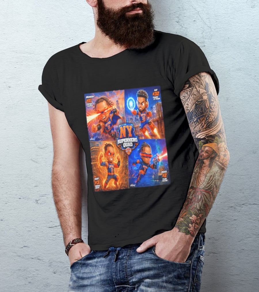 NY Superhero Quad Brunson Captain Clutch Hart Energy Heat Deuce Flash Factor Kat Towers Of Power T-Shirt
