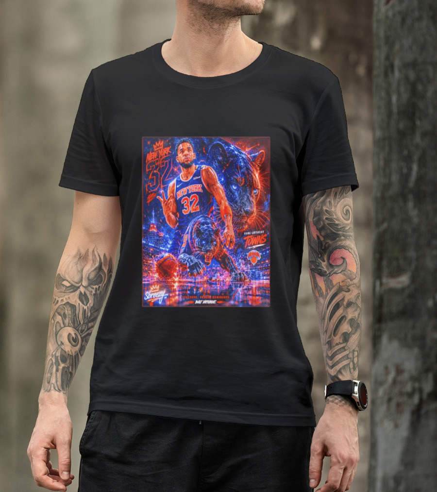 New York 32 Karl Anthony Towns Panther Blossom Street Slicey NBA Knicks T-Shirt