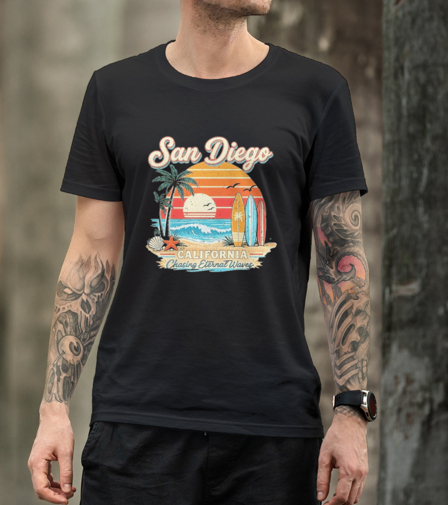 San Diego California Surfing Sunrise Chasing Eternal Waves Beach Vacation T-Shirt