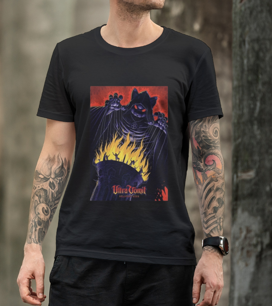 Ultra Vomit Hellfest 2026 Clisson France Jun 19 Puppet Master Cat With Fire Tower T-Shirt