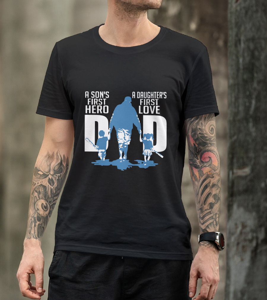 Dad A Son's First Hero A Daughter's First Love Blue Silhouette With Kids And Baseball Bats T-Shirt