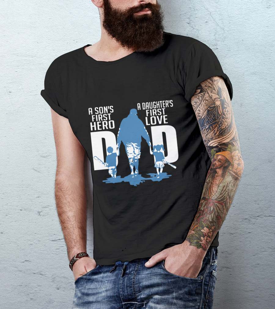 Dad A Son's First Hero A Daughter's First Love Blue Silhouette With Kids And Baseball Bats T-Shirt