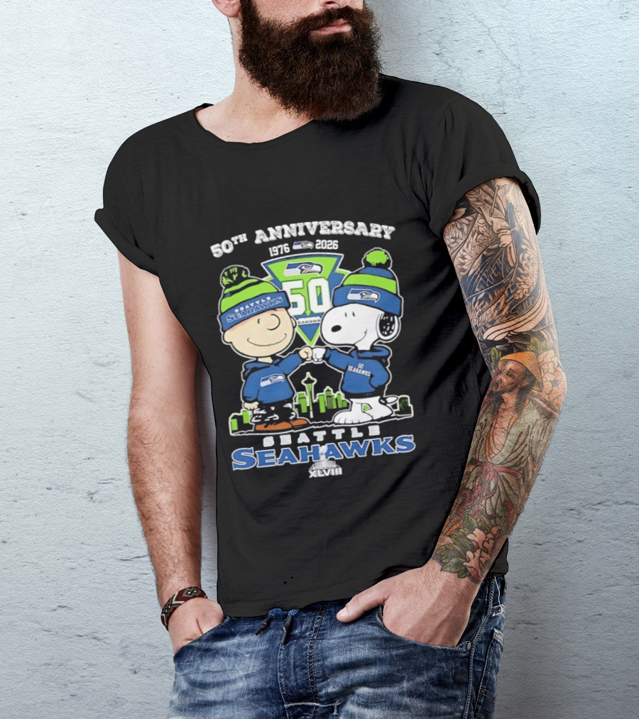 Charlie Brown Snoopy Fist Bump Seattle Seahawks 50th Anniversary Skyline 1976 2026 T-Shirt