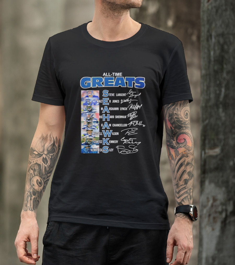 All Time Greats Seattle Seahawks Steve Largent Walter Jones Russell Wilson Legion Of Boom T-Shirt