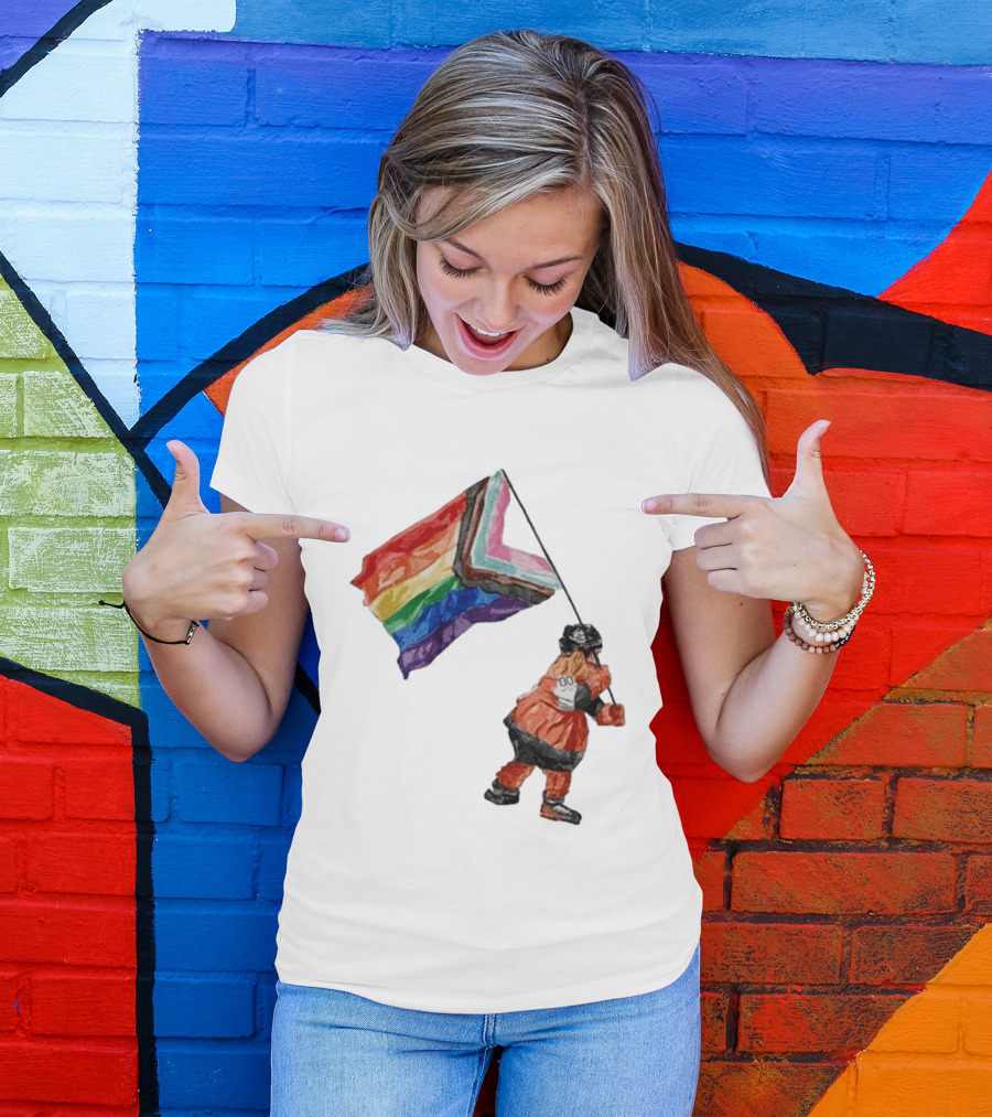 Philadelphia Hockey Mascot Holding Progress Pride Flag T-Shirt