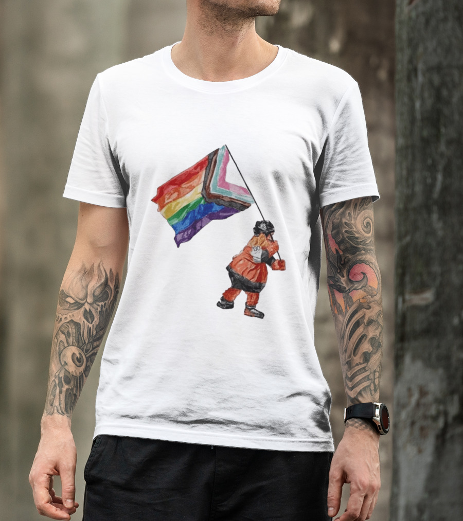 Philadelphia Hockey Mascot Holding Progress Pride Flag T-Shirt