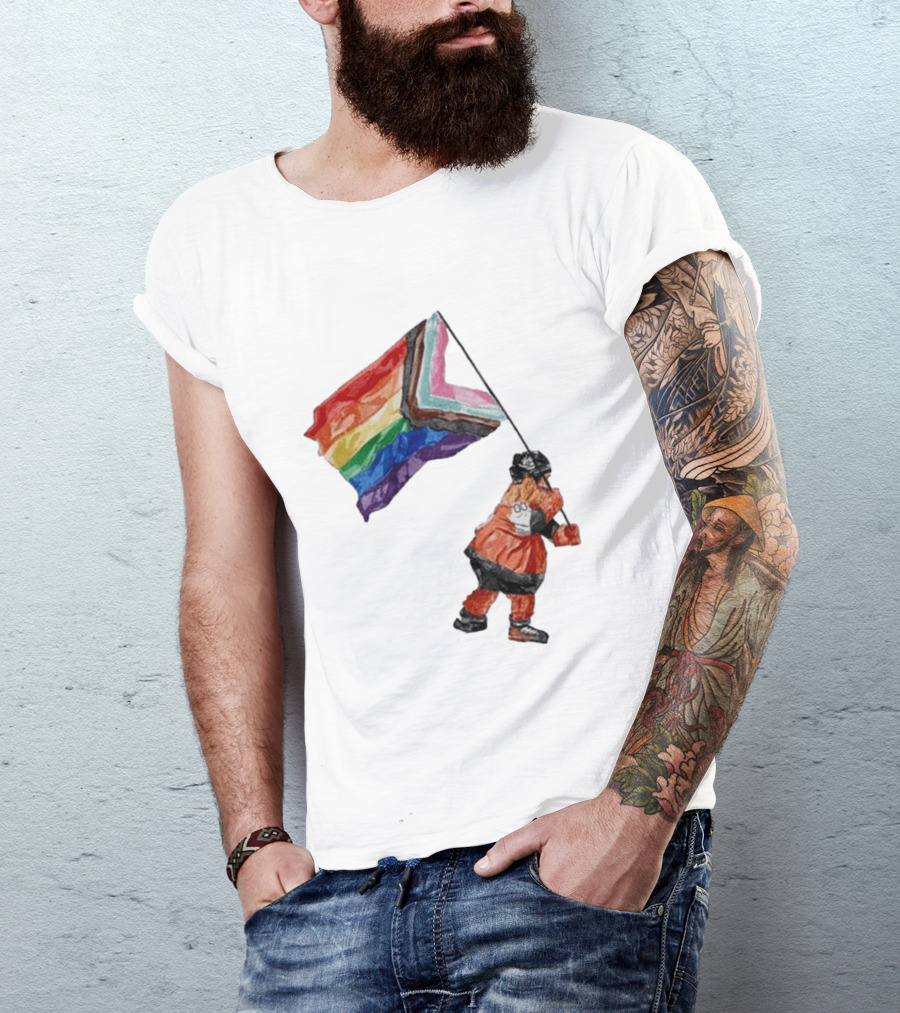Philadelphia Hockey Mascot Holding Progress Pride Flag T-Shirt
