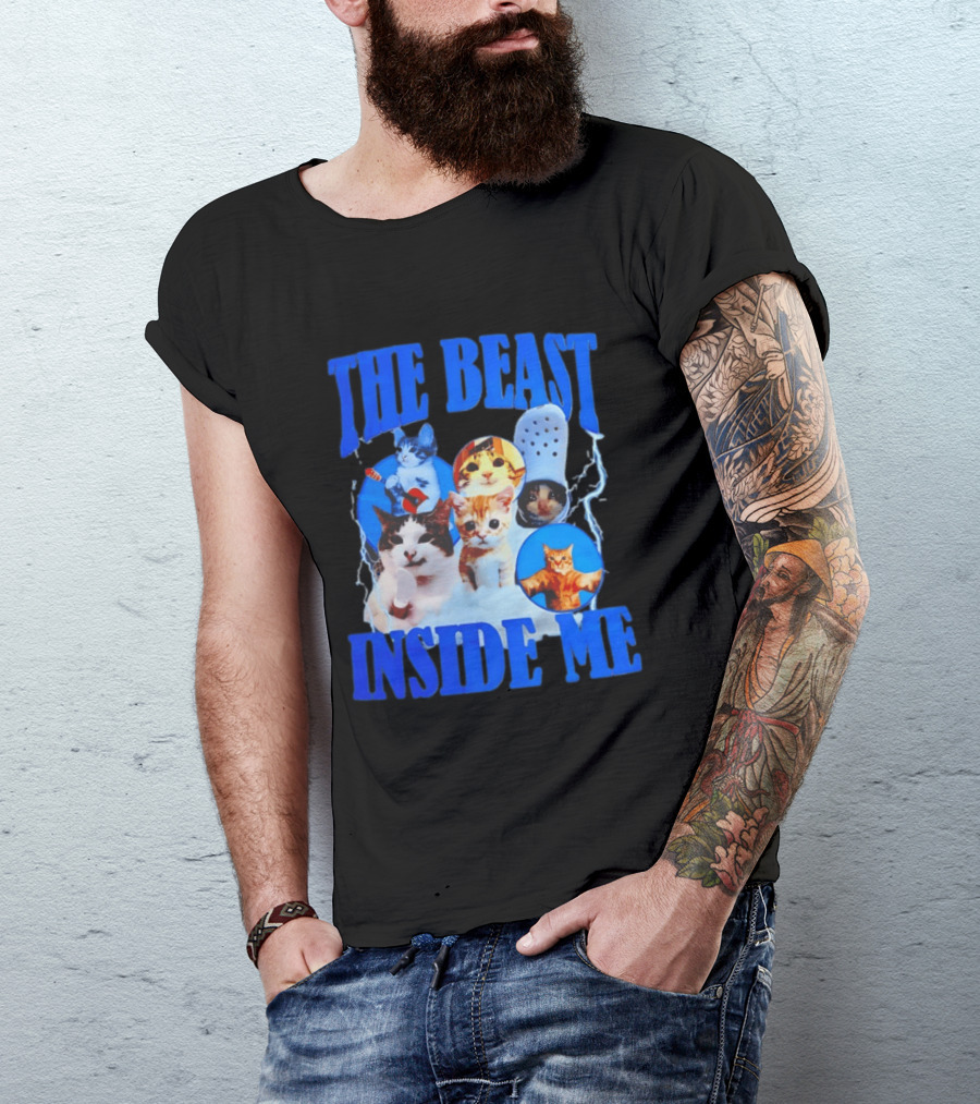 The Beast Inside Me Cat Collage With Blue Electric Accents T-Shirt