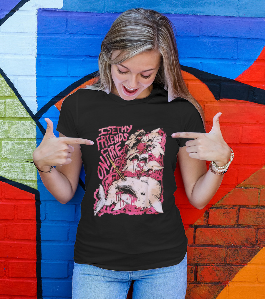 I Set My Friends On Fire Narwhal Pink And White T-Shirt