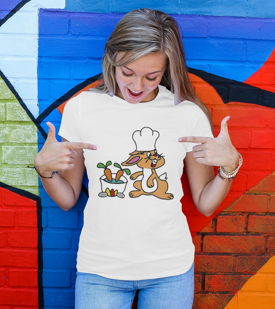 Cartoon Bunny Chef Cooking With Carrots And Pot T-Shirt