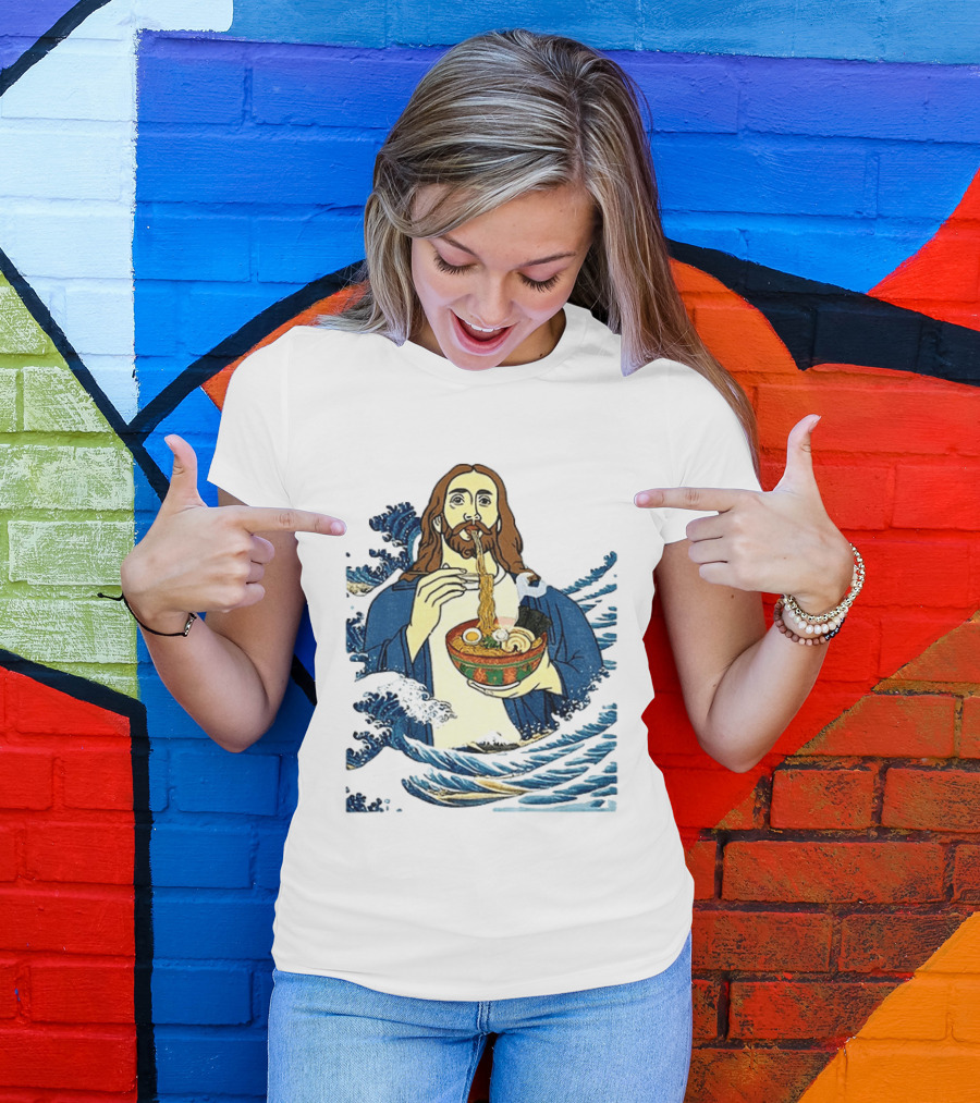 God Eats Ramen Jesus Wave Meme With Bowl Of Noodles T-Shirt