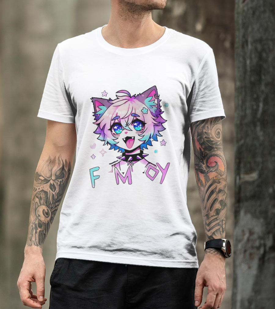 Femboy Cat Boy Anime Spike Collar Starry Eyes Pastel Ears T-Shirt