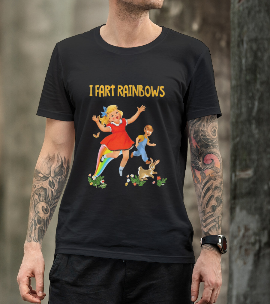 I Fart Rainbows Vintage Retro Kids Playing Butterflies Rabbits Flowers T-Shirt