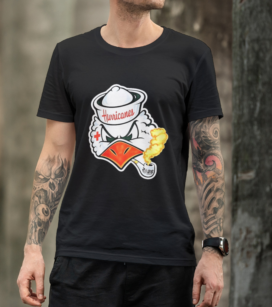Miami Hurricanes Sebastian Mascot 2026 Pipe Gold Smoke T-Shirt