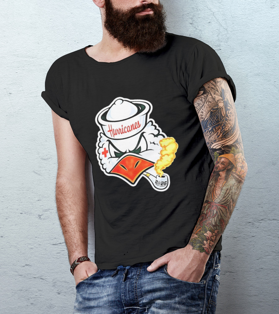 Miami Hurricanes Sebastian Mascot 2026 Pipe Gold Smoke T-Shirt