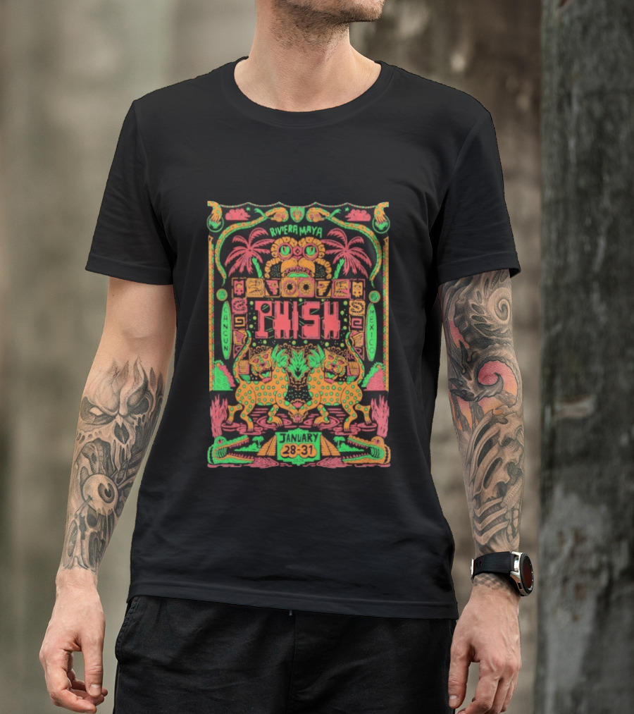 Phish Riviera Maya Cancun Mexico January 28 31 2026 Vibrant Neon Aztec Inspired Tropical T-Shirt