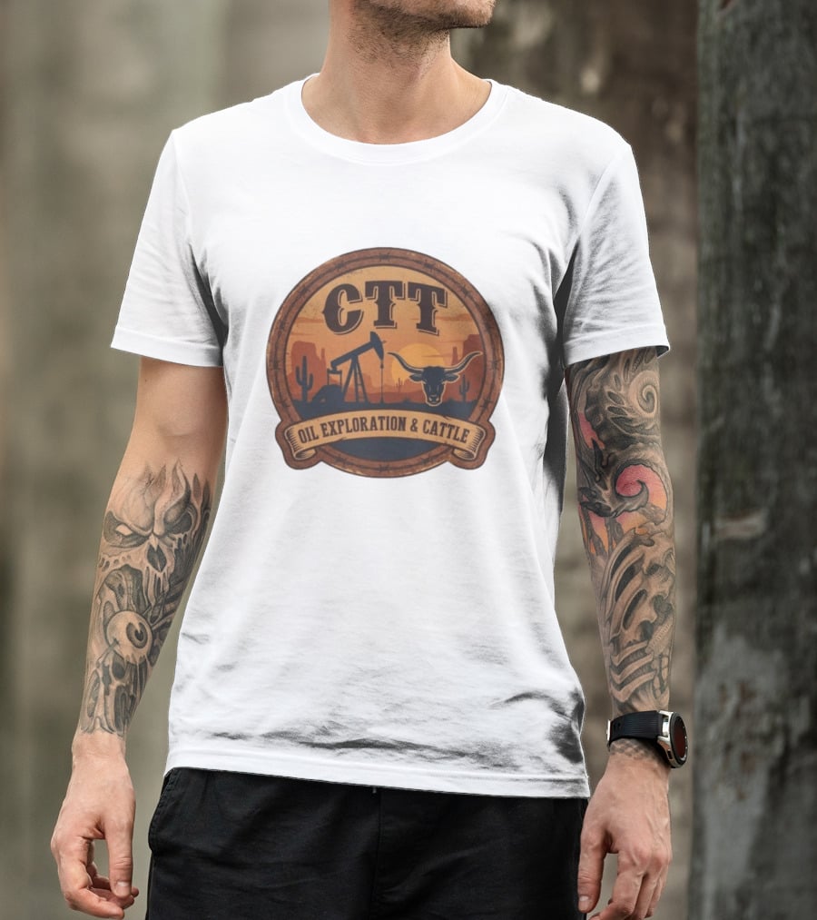 CTT Oil Exploration & Cattle West Texas Sunset Pumpjack And Longhorn Desert Scene T-Shirt