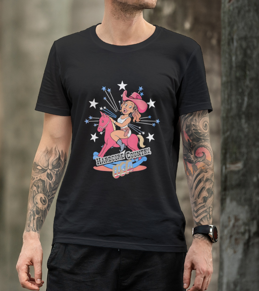 Hardcore Country USA Cowgirl Riding Pink Horse With Stars T-Shirt