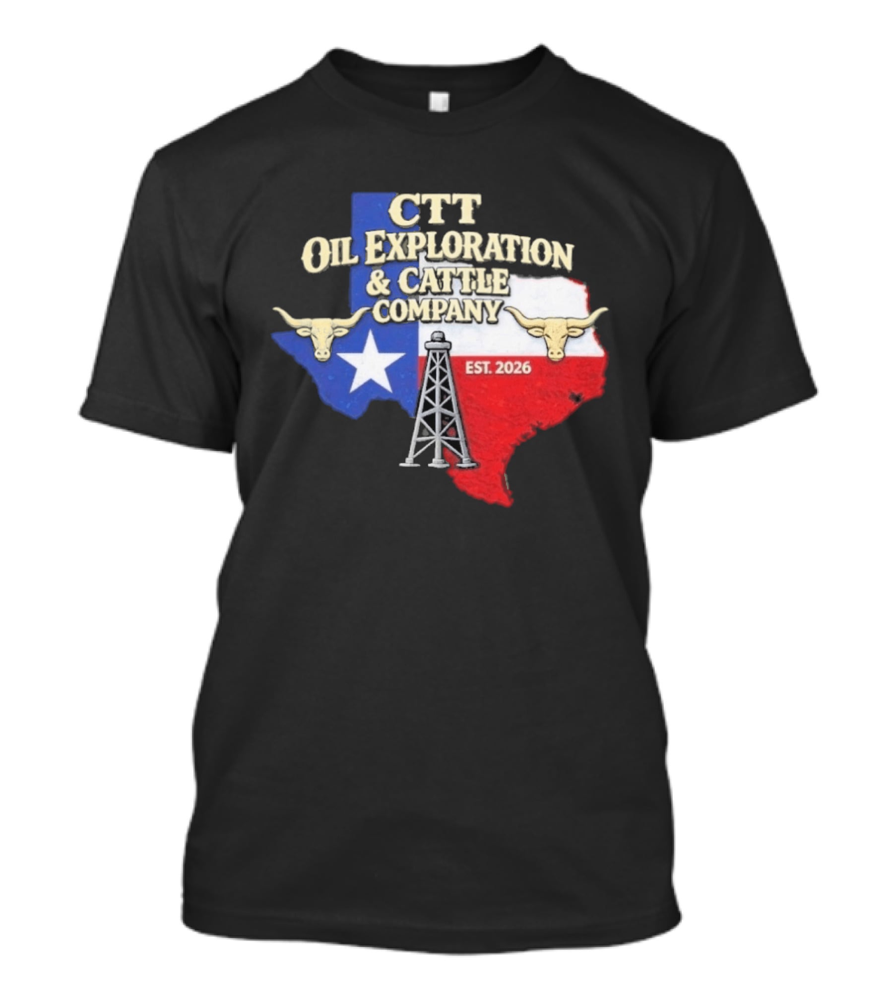 CTT Oil Exploration Cattle Company Texas 2026 Est. Texas Flag Bulls Oil Rig T-Shirt