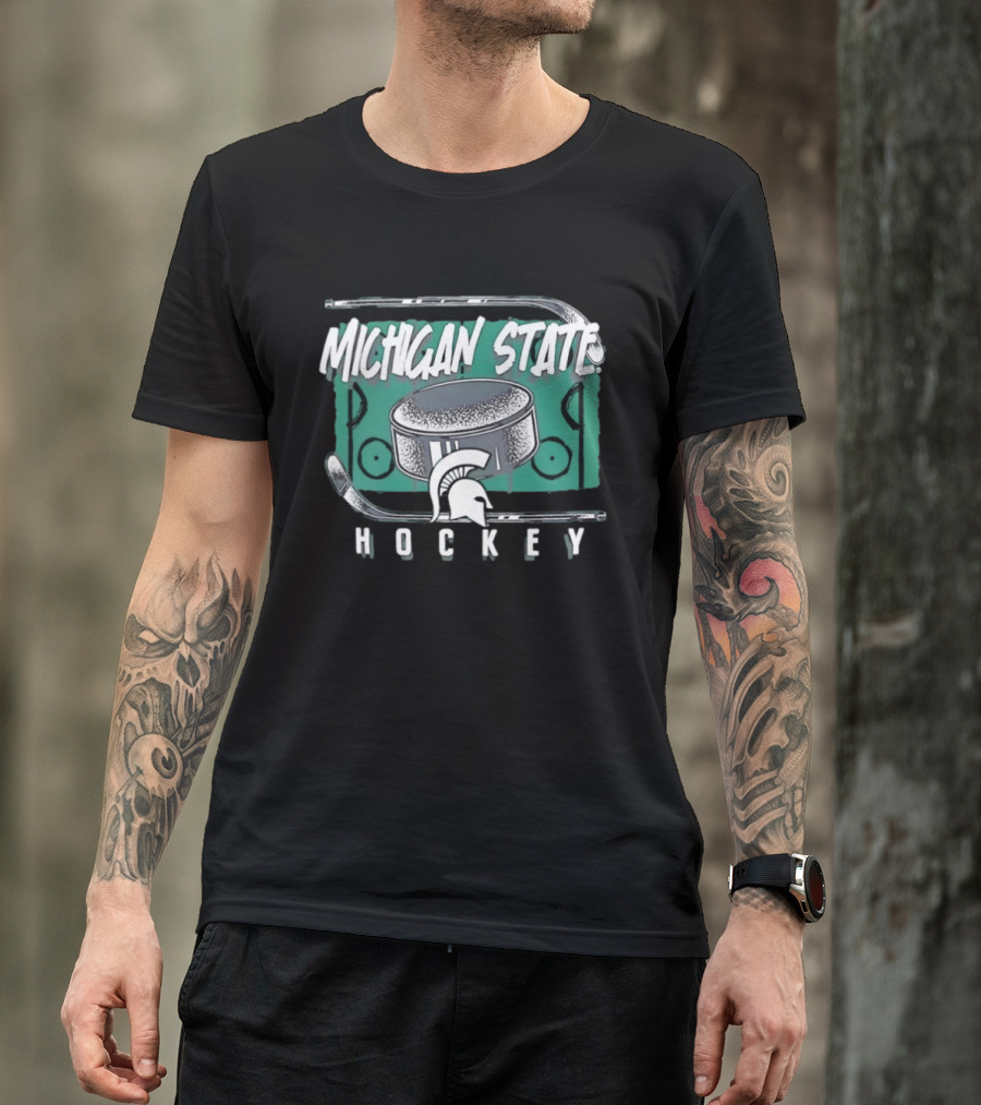 Michigan State Spartans Hockey Puck With Spartan Helmet And Sticks T-Shirt