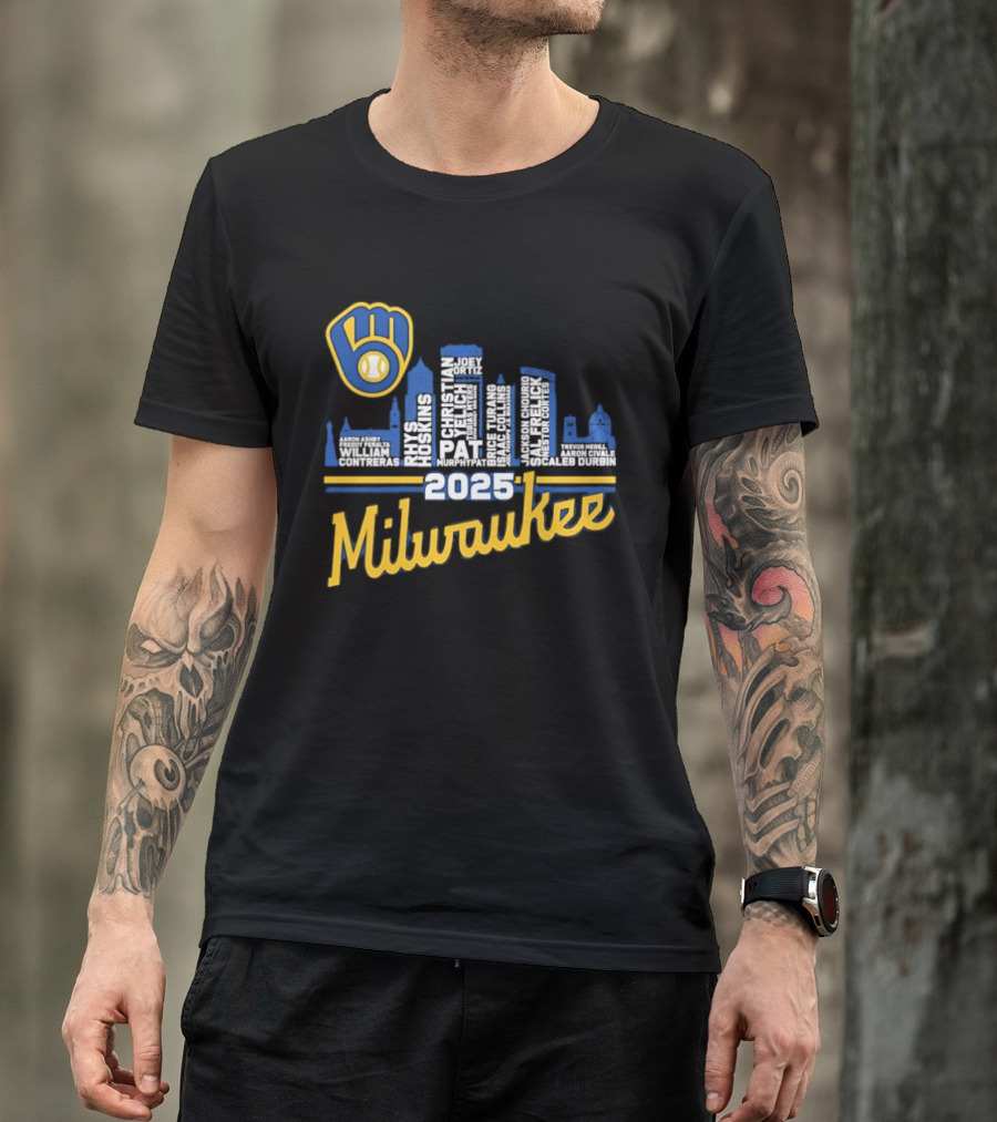 Milwaukee Brewers 2025 City Skyline Baseball Players Names T-Shirt
