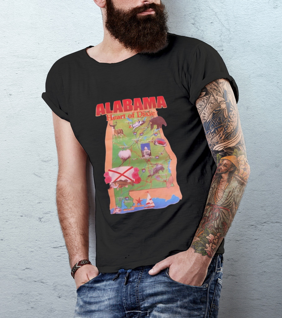 Alabama Heart Of Dixie Map Landmarks And Wildlife T-Shirt