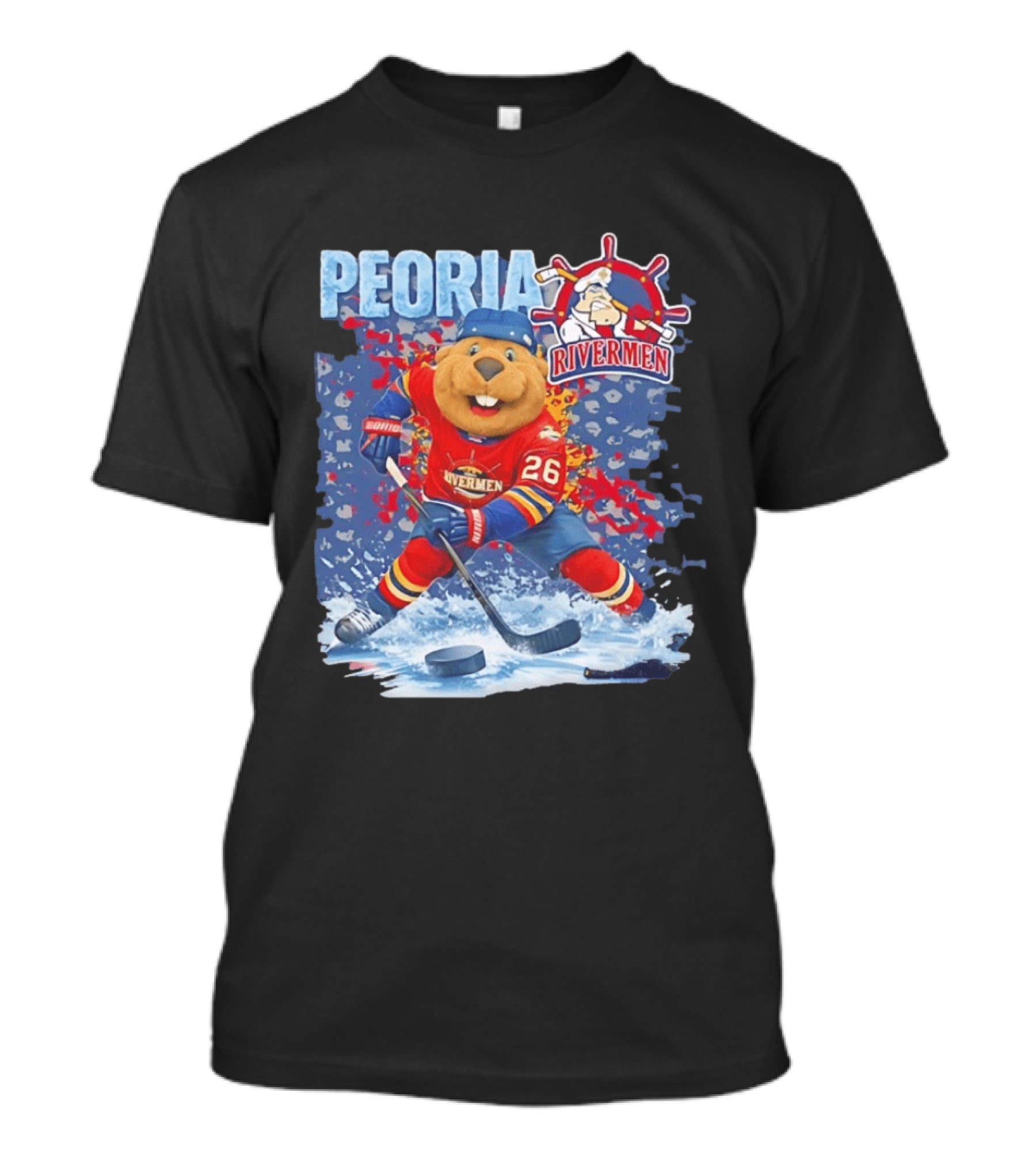 Rocky Peoria Rivermen Hockey Beaver Mascot Skating T-Shirt