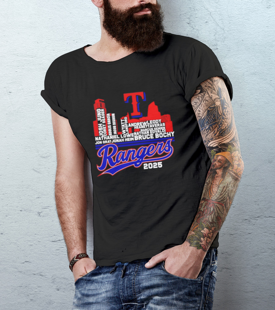 Texas Rangers 2025 City Skyline Players Names Bruce Bochy T-Shirt