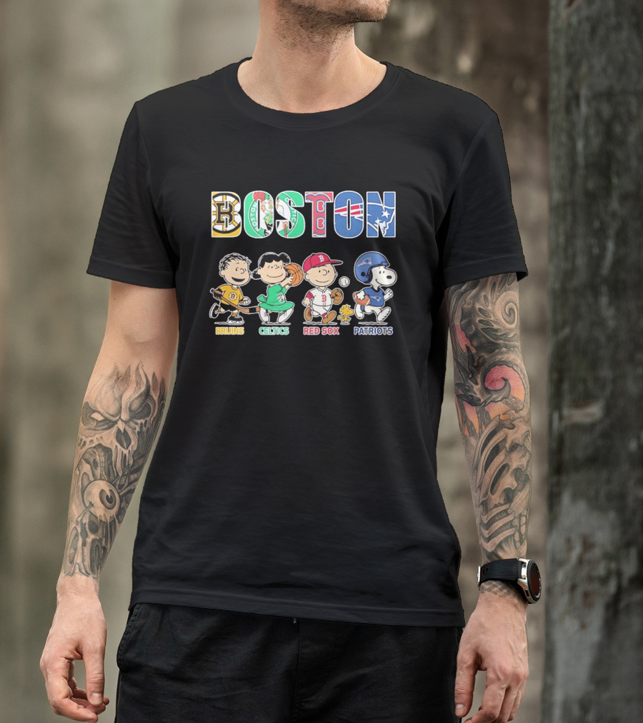 Peanuts Characters In Boston Bruins Celtics Red Sox Patriots Team T-Shirt