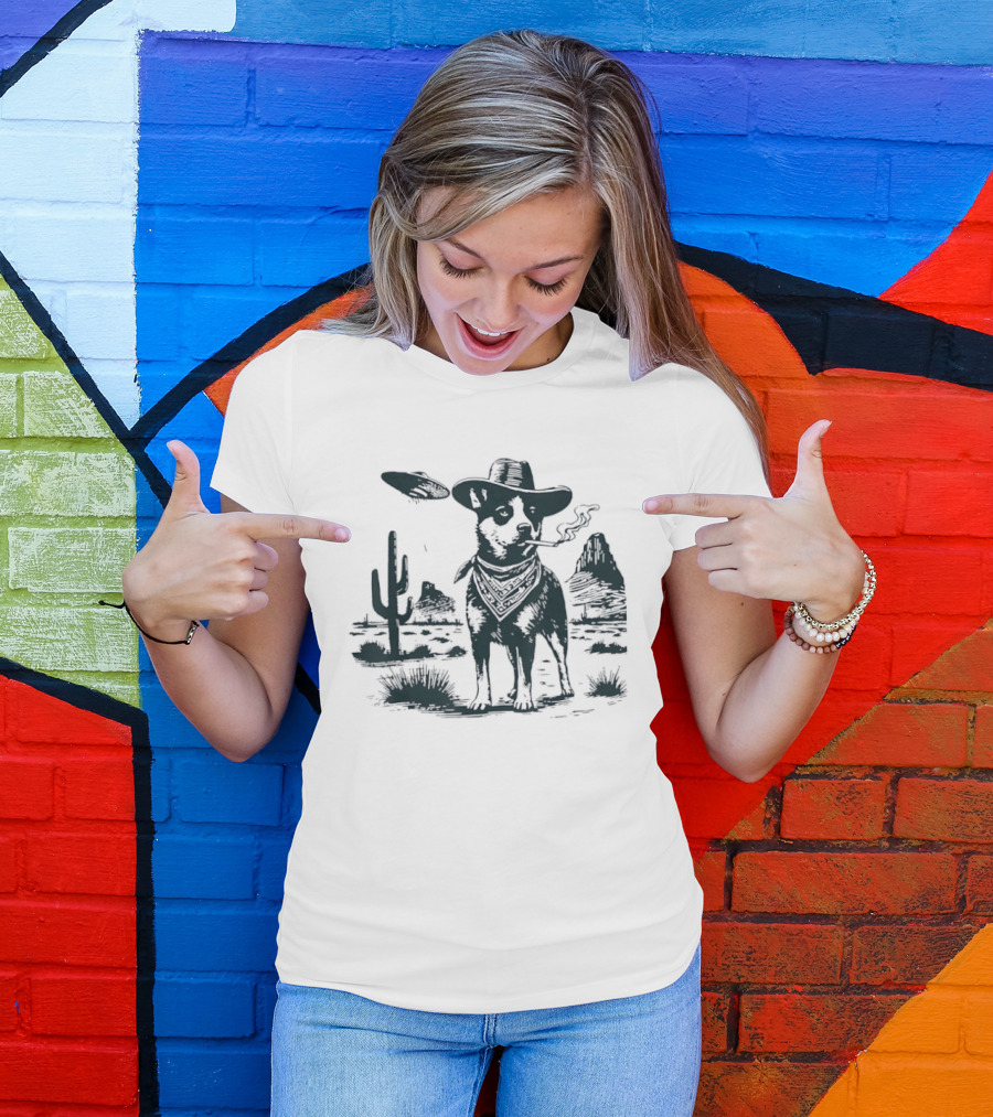 Australian Cattle Dog Smoking With UFO And Western Cowboy Desert Scene T-Shirt