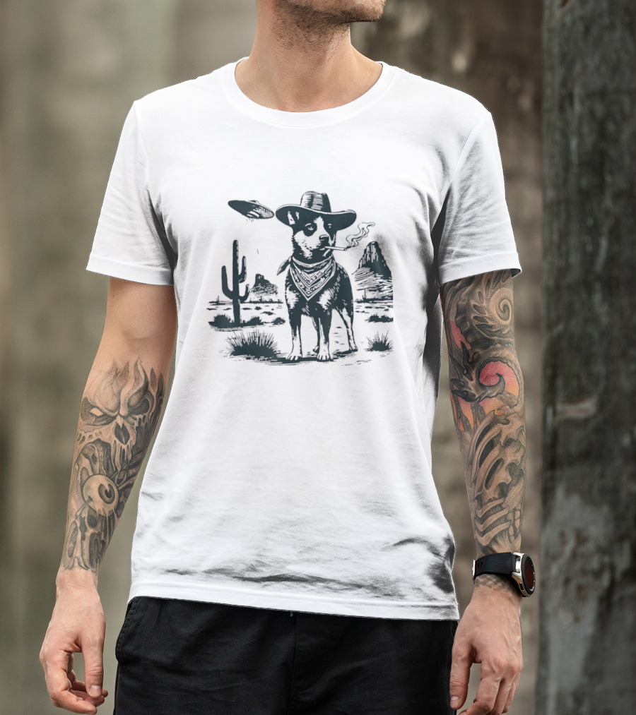 Australian Cattle Dog Smoking With UFO And Western Cowboy Desert Scene T-Shirt