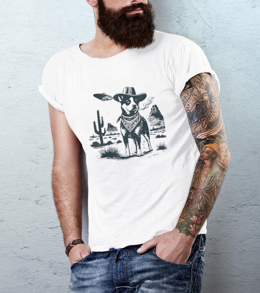 Australian Cattle Dog Smoking With UFO And Western Cowboy Desert Scene T-Shirt