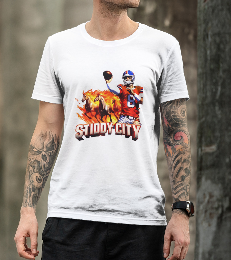 Denver Broncos Stiddy City Quarterback And Horses In Flames T-Shirt