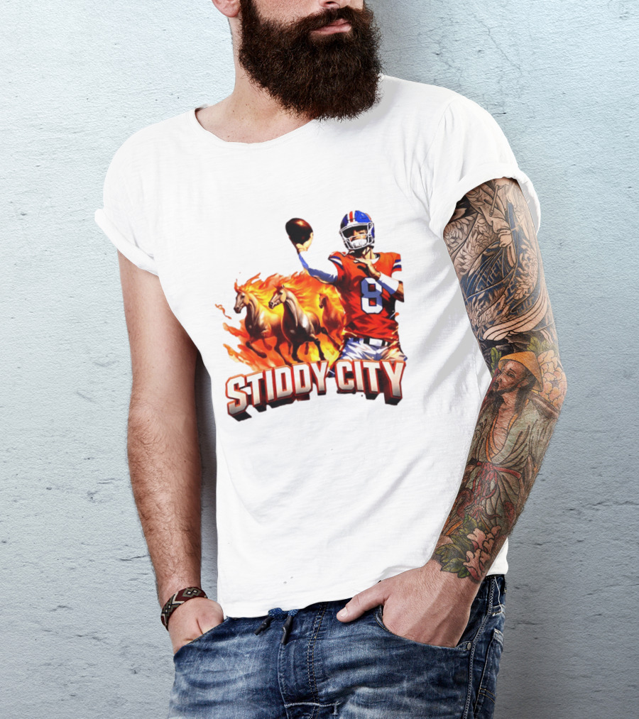 Denver Broncos Stiddy City Quarterback And Horses In Flames T-Shirt