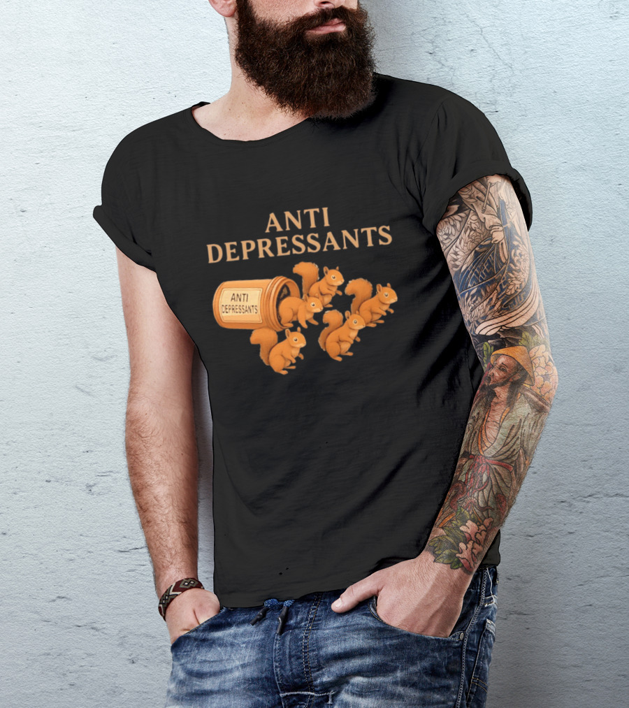 Squirrel Anti Depressants Funny Squirrels In Bottle T-Shirt